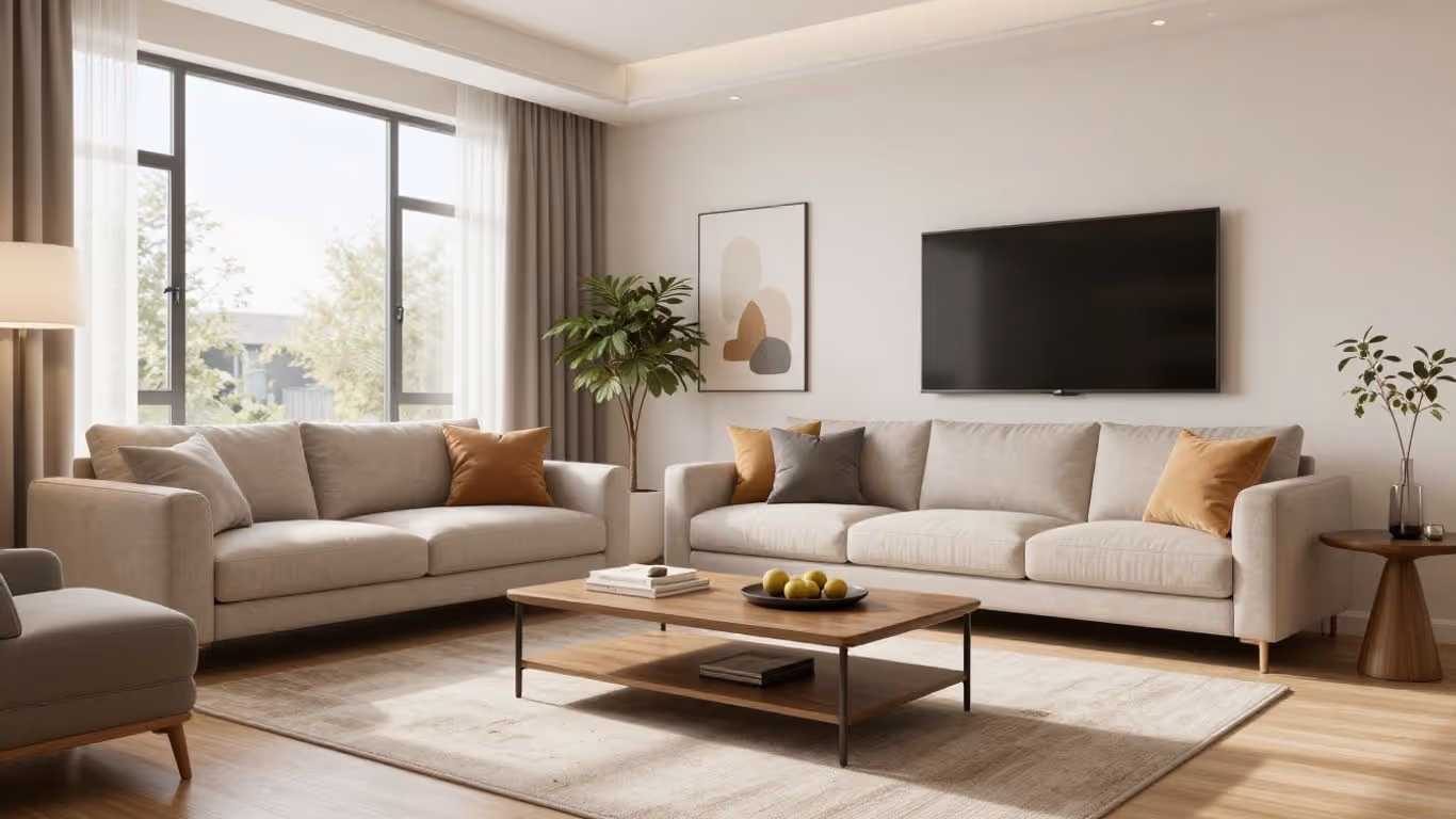 3D-Rendering eines modernen Wohnzimmers mit natürlichem Licht.