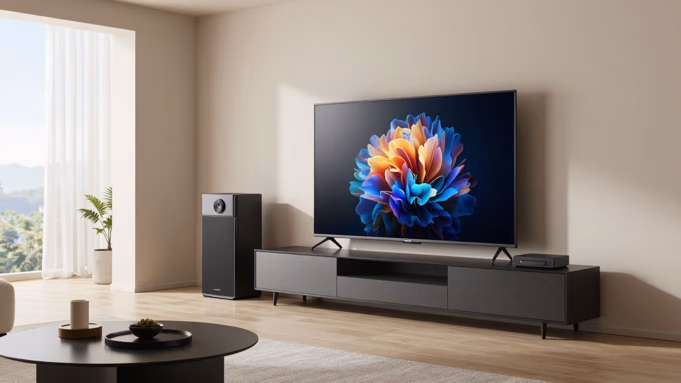 Unterhaltungselektronik in modernem Wohnzimmer mit natürlichem Licht.
