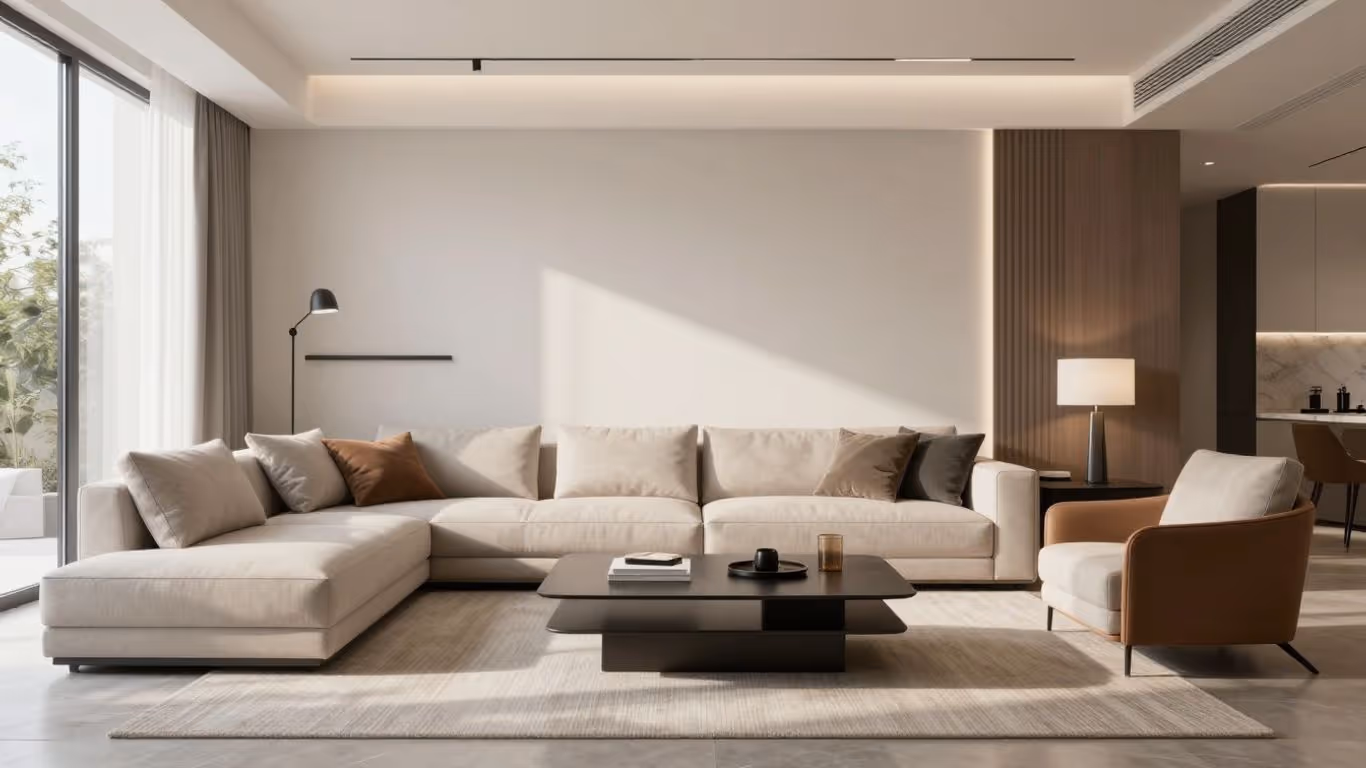 Moderne Wohnzimmer-Architekturvisualisierung mit natürlichem Licht