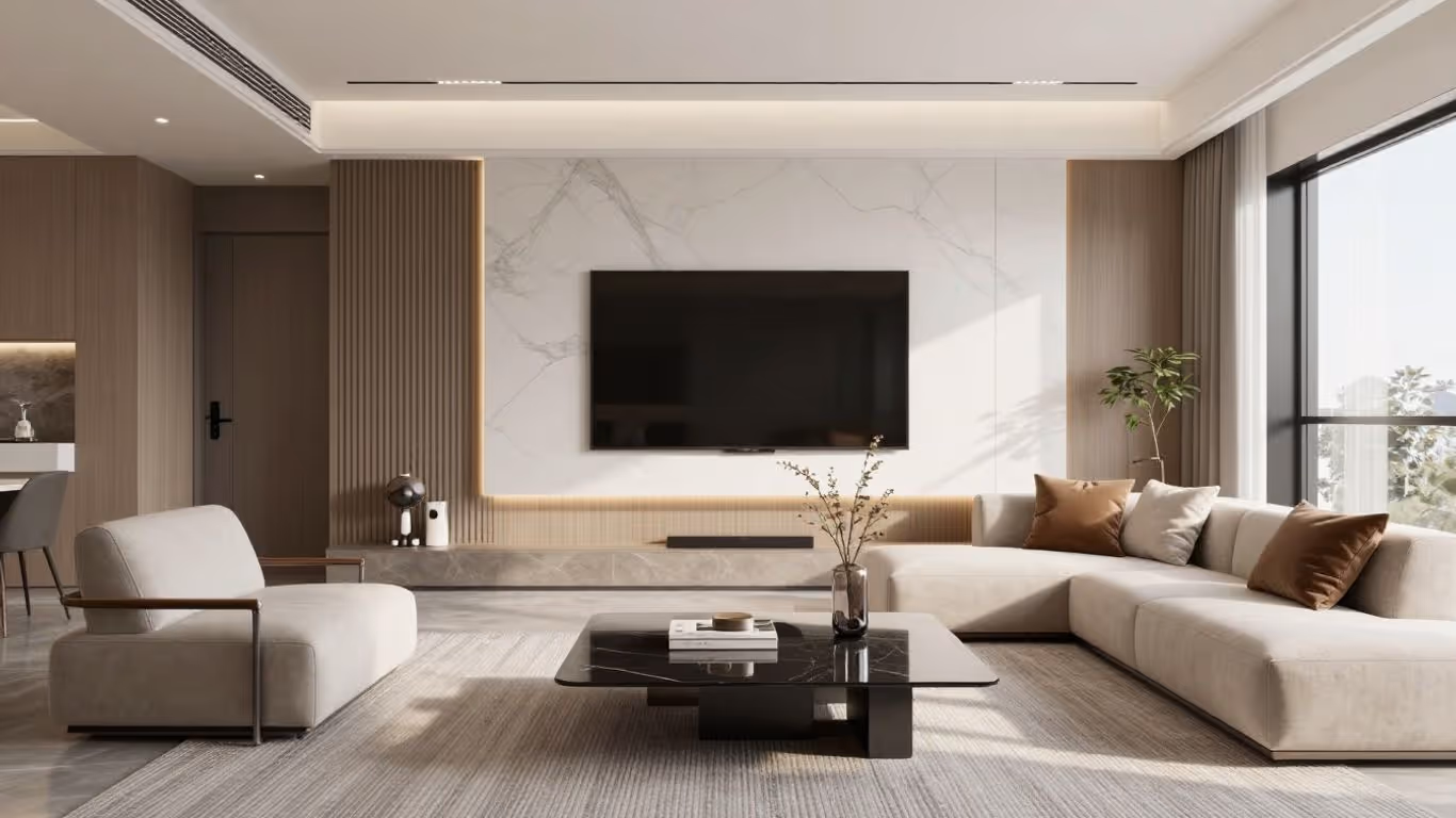 3D-Rendering eines modernen Wohnzimmers mit natürlichem Licht.