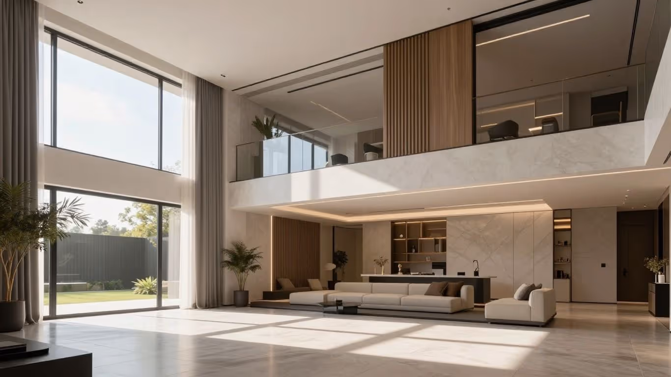 3D-Visualisierung eines modernen Hauses mit natürlichem Licht.