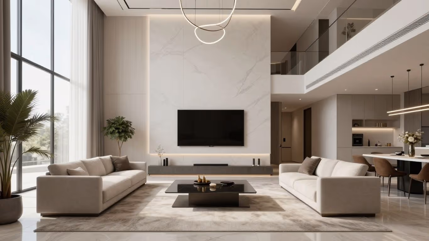 3D-Visualisierung von moderner Architektur und Innenräumen.