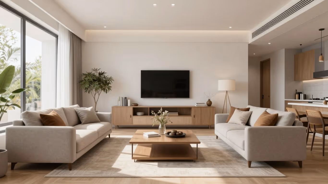 Digitales Home Staging Wohnzimmer mit modernen Möbeln