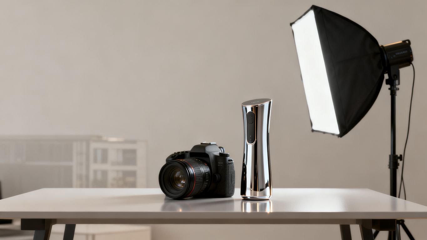 Produktmodell neben Kamera und Lichtsetup