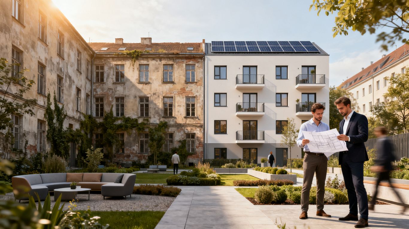 Vorher-Nachher-Visualisierung einer energetischen Fassadensanierung am Mehrfamilienhaus