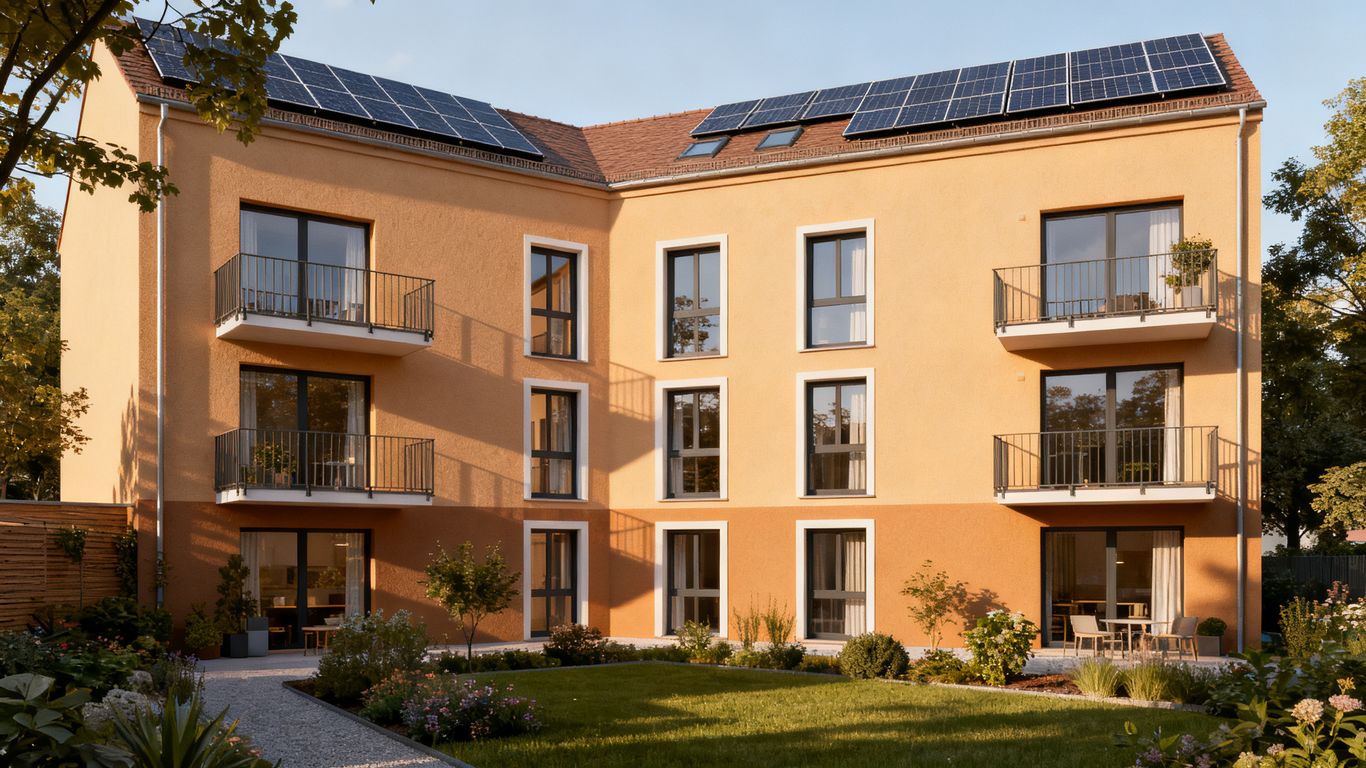 Modernisierte Fassade mit Fenstern Balkonen PV
