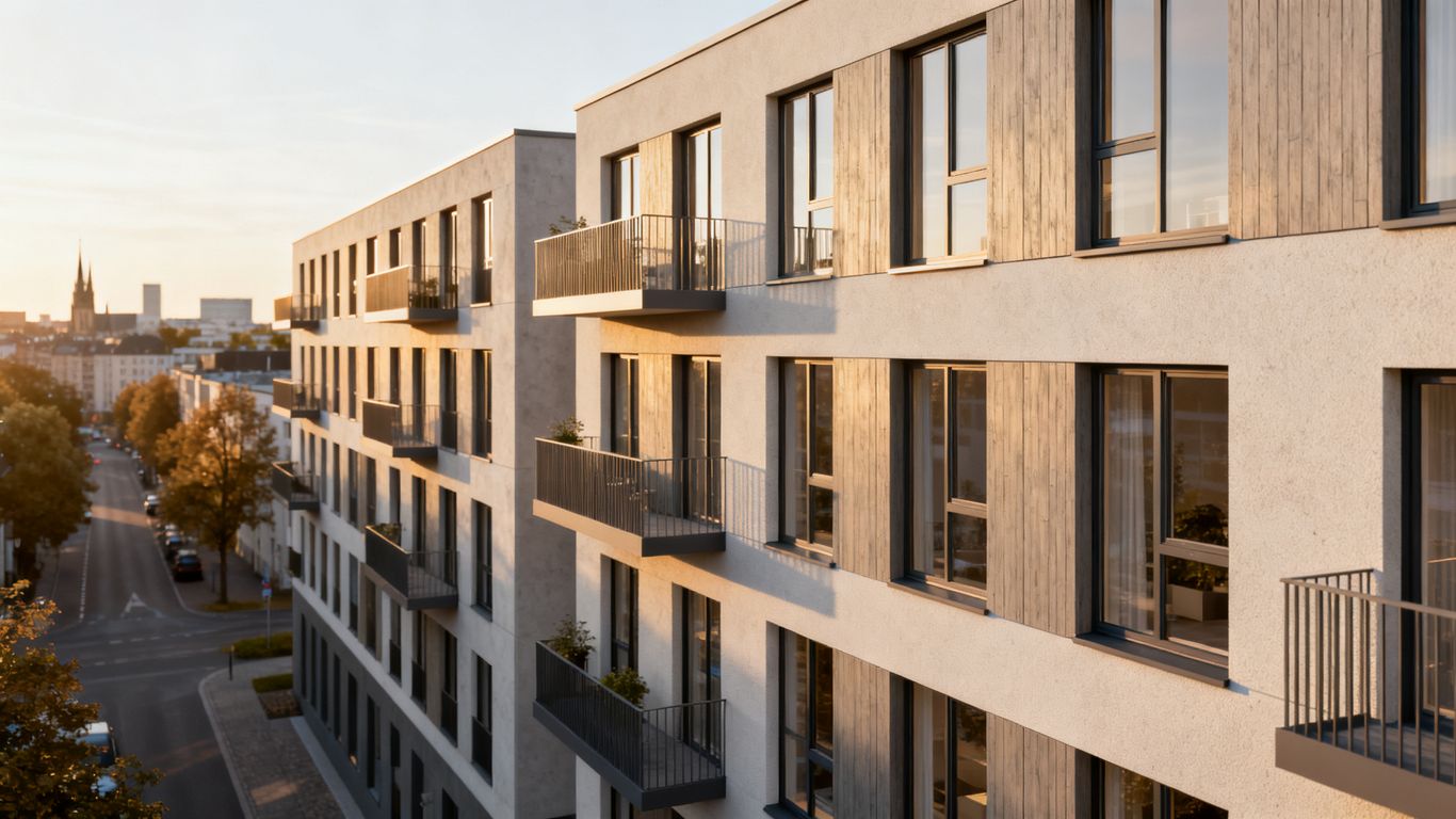 Bestandsfassade neben modernem Sanierungsrendering