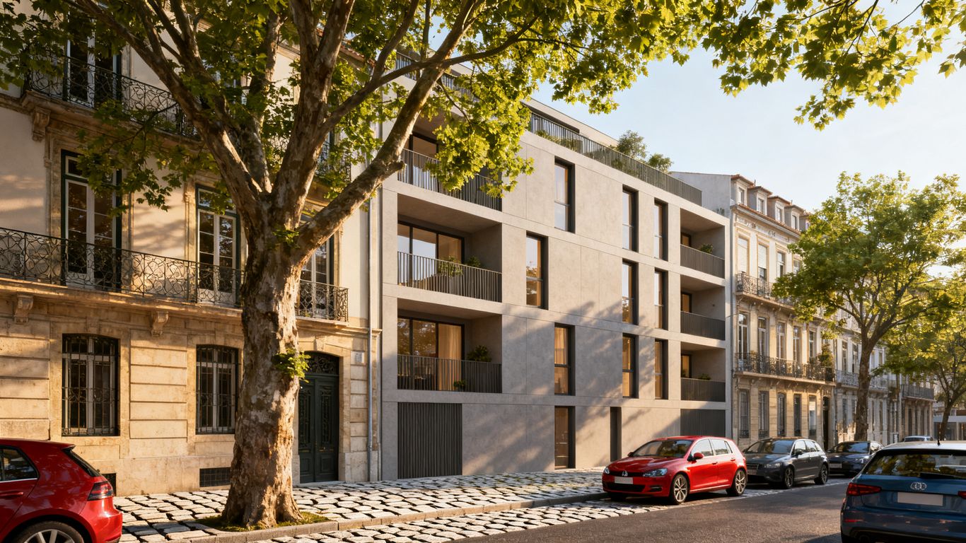 Neubau realistisch im Straßenraum dargestellt