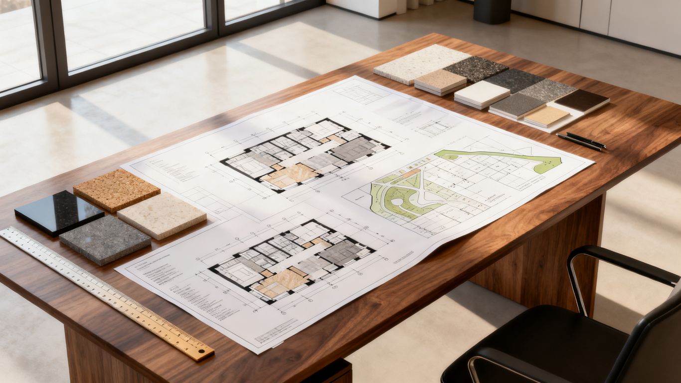 Architekturpläne und Materialmuster auf Arbeitstisch