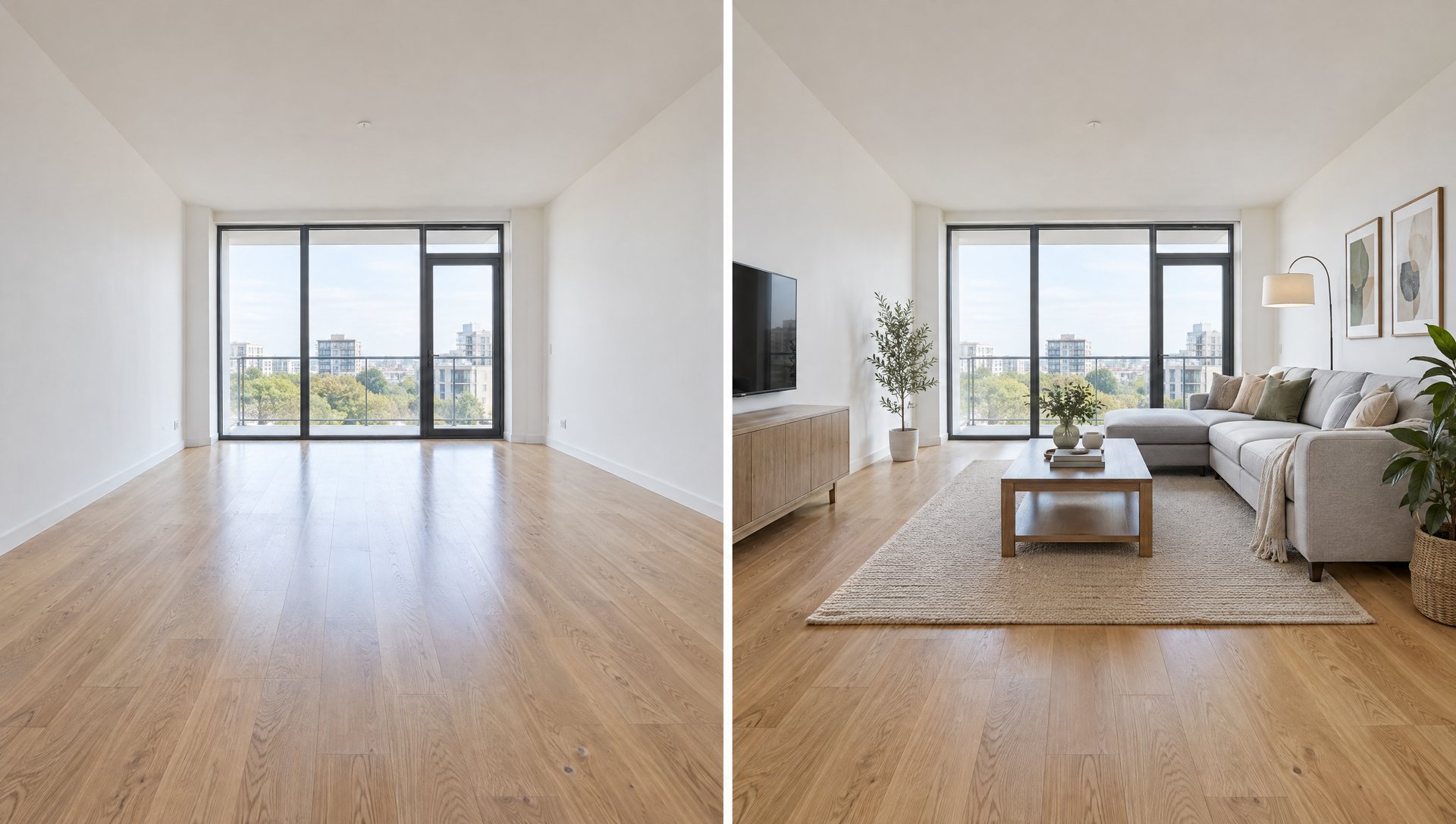 Geteilte Ansicht einer Neubauwohnung: links leer, rechts virtuell möbliert wie beim Home Staging