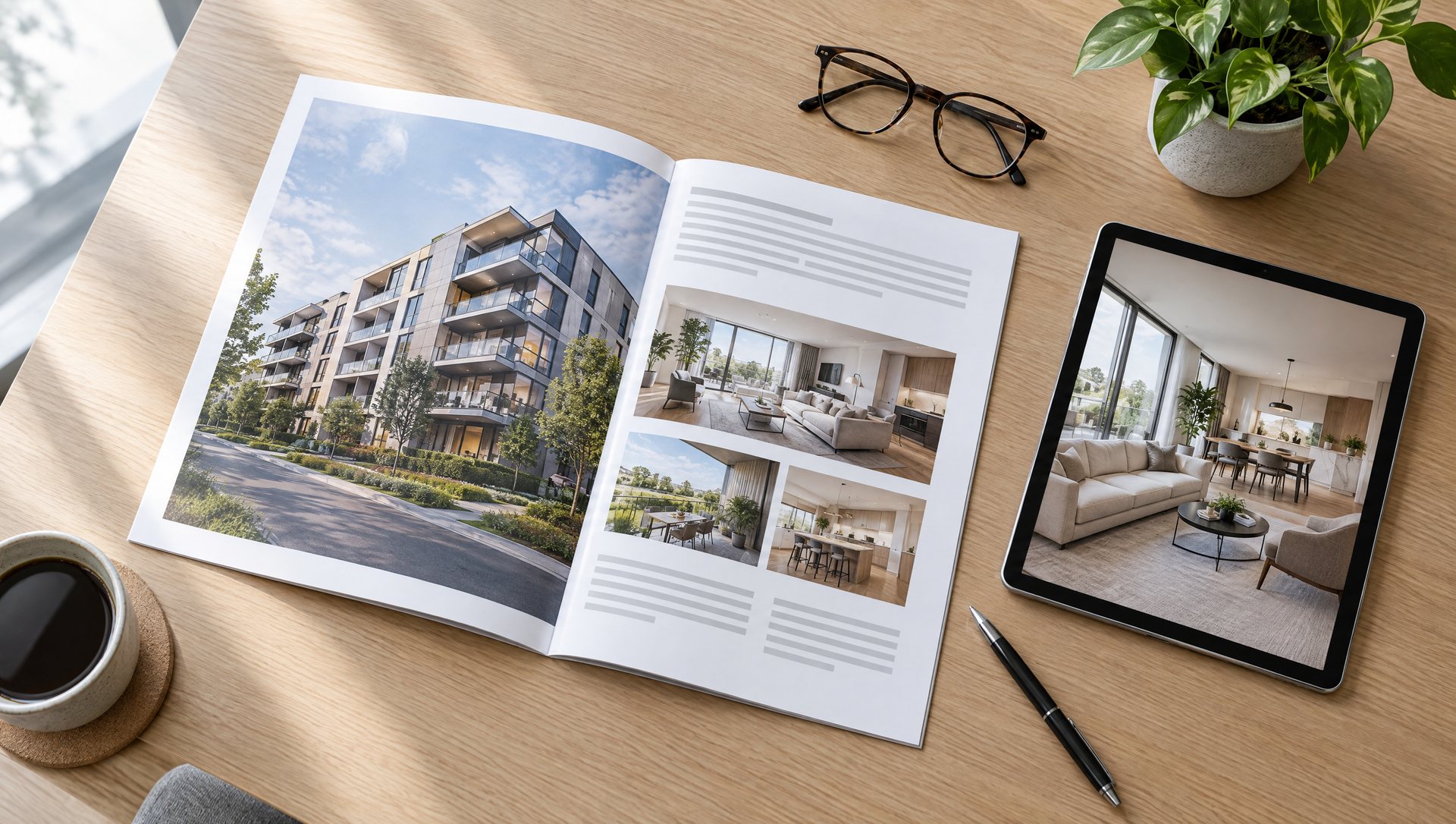 Immobilienexposé mit Architekturvisualisierung und Tablet auf einem Holztisch im Verkaufsbüro