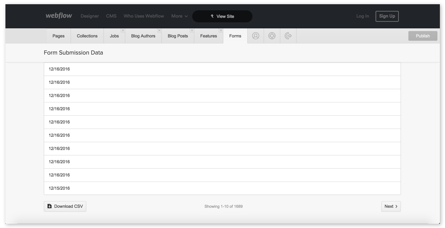 The forms tab lists submissions by date