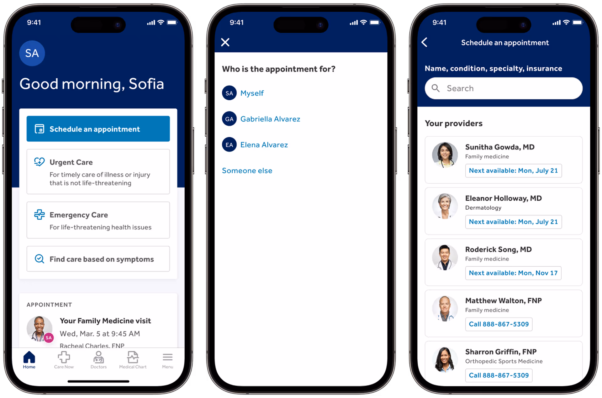 Three phone screens showing a healthcare app: first screen greets Sofia and offers scheduling options; second screen asks who the appointment is for with name selections; third screen lists providers with specialties and next available dates or contact numbers.