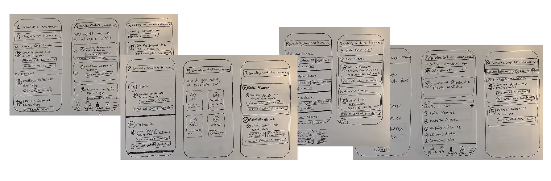 Hand-drawn wireframe sketches of a mobile app interface for scheduling medical appointments, showing provider lists, specialties, conditions, insurance filters, and scheduling options.