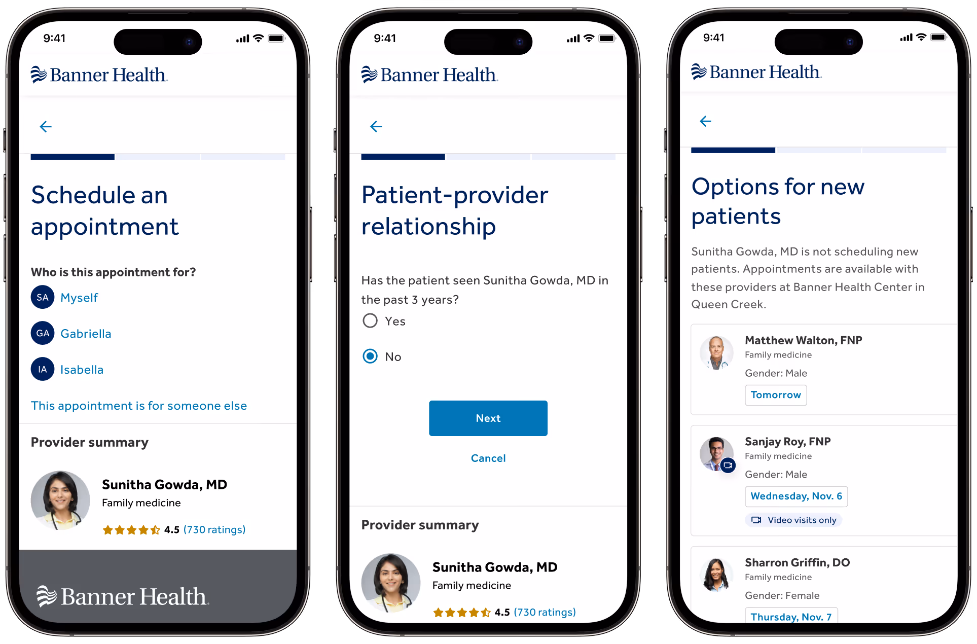 Three phone mock-ups showing the enhanced experience of scheduling with a new provider.