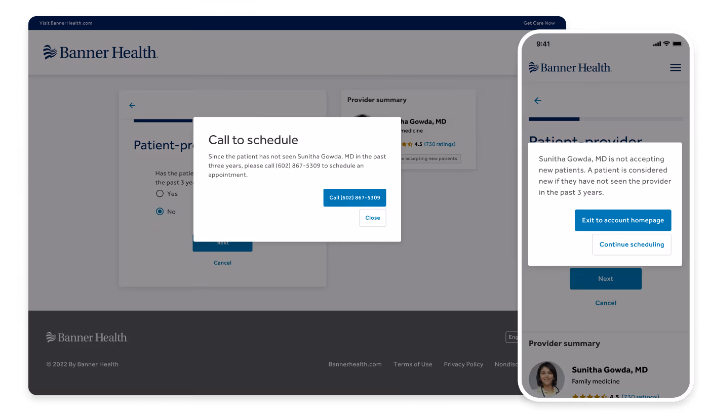 Images of two screens, one desktop and one mobile, showing the dead-end message the patient hits when trying to schedule.