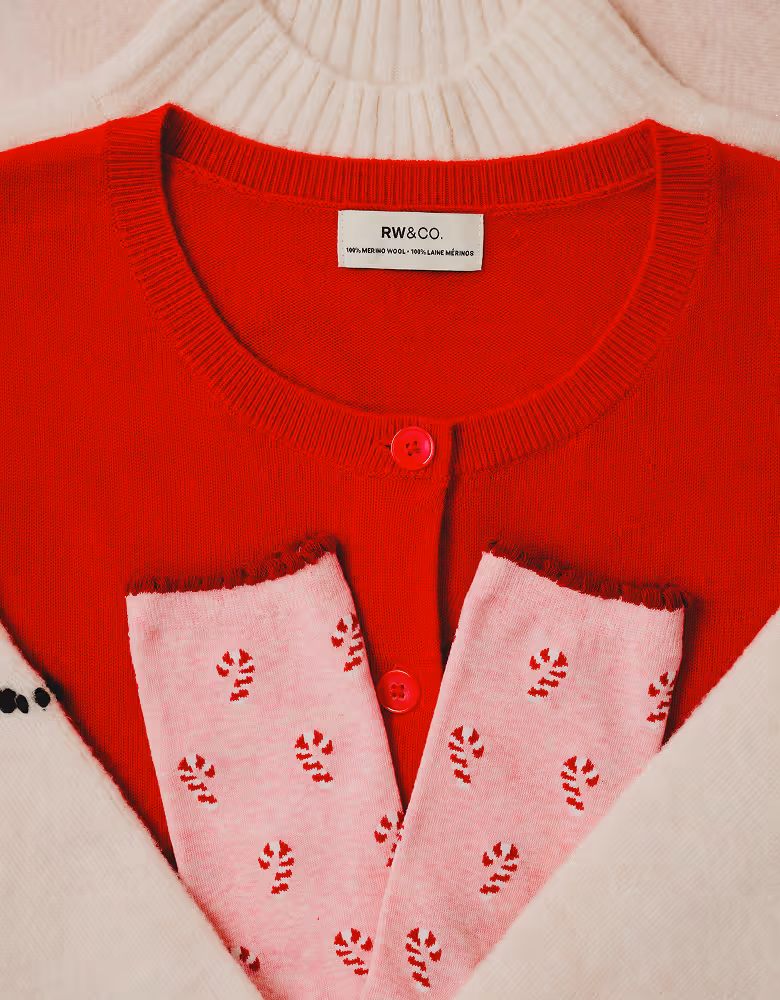 RW&Co Holiday 2025 Campaign Gift Guide Red sweaters and pink socks
