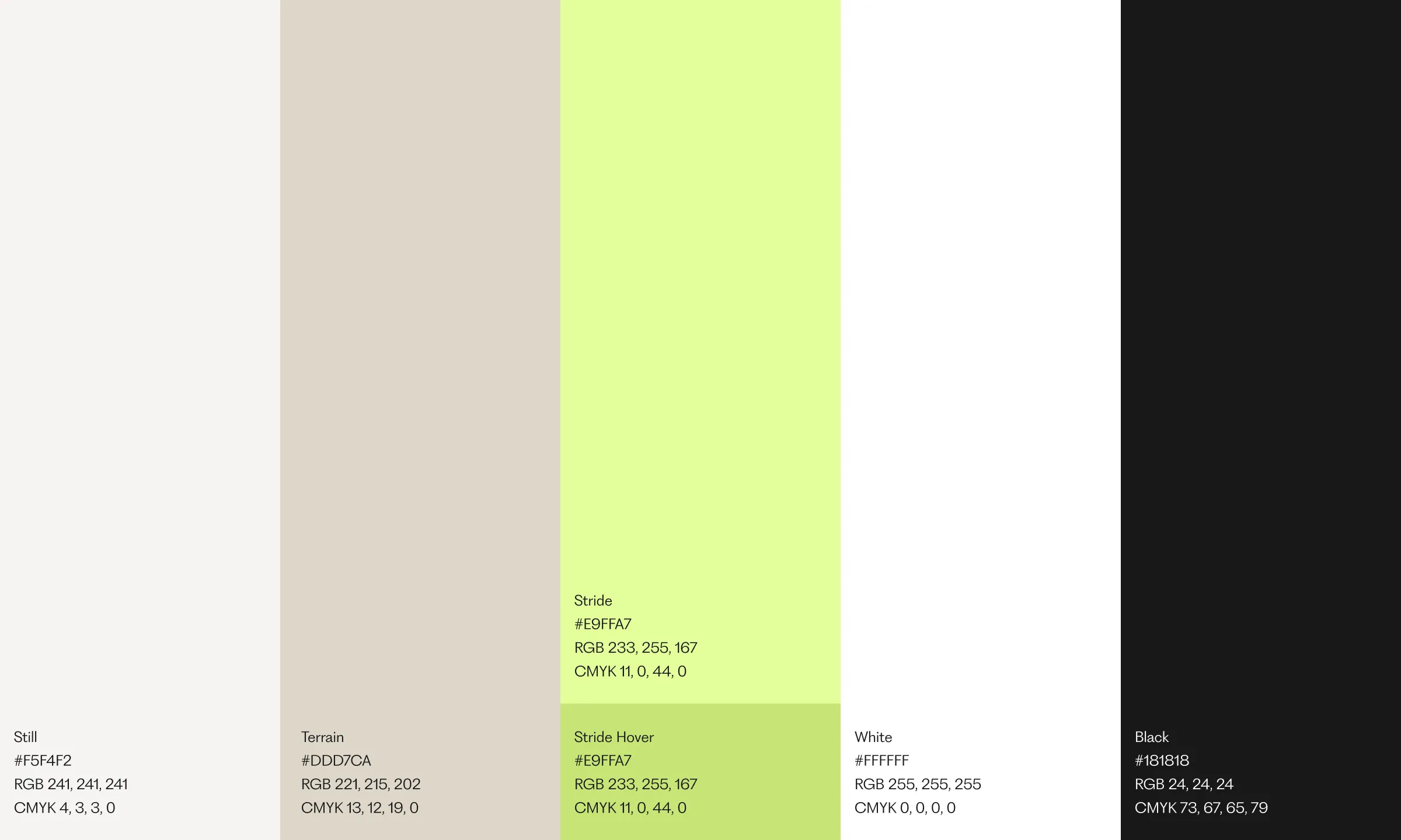 The Carry color palette showing five vertical swatches with color names and values: Still (off-white), Terrain (beige), Stride (light lime green) with hover variant, White, and Black.