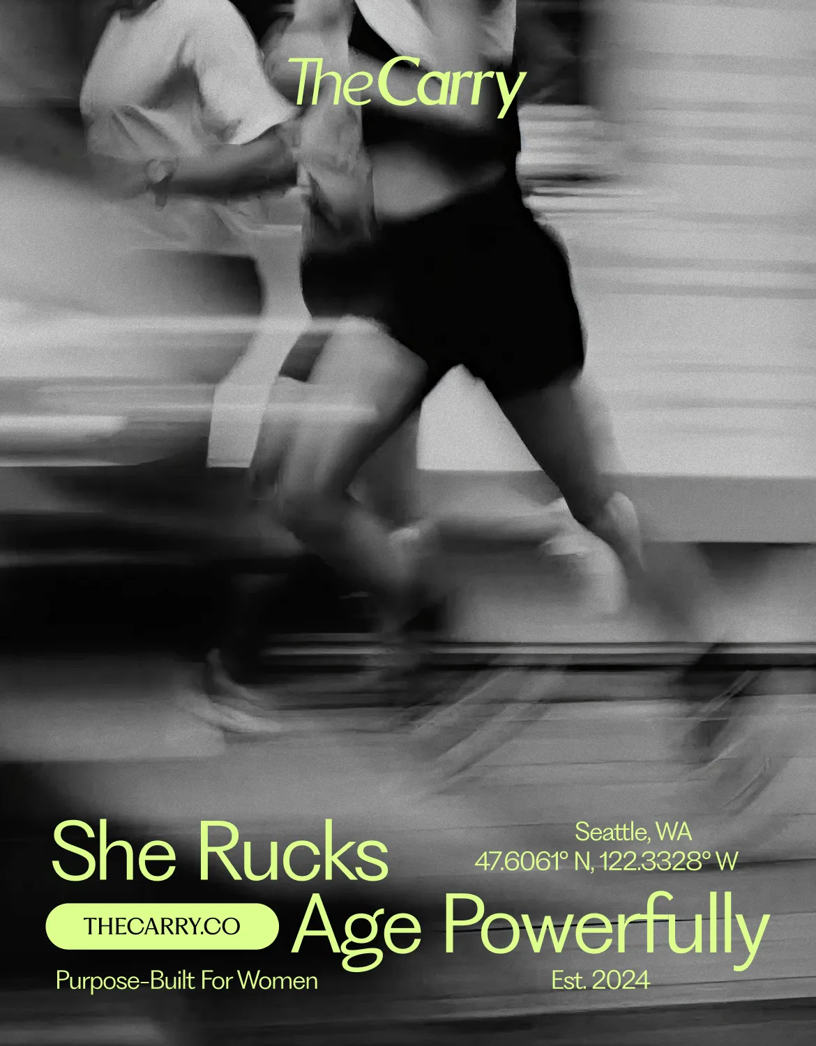 Black and white image of two women running with motion blur, overlaid with text promoting The Carry brand for women runners.