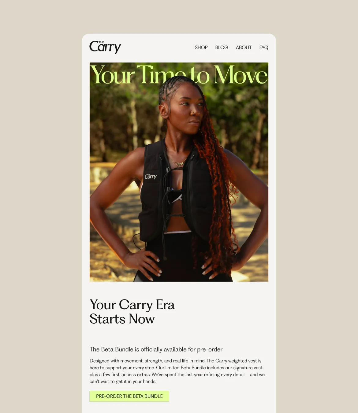 Email design for The Carry featuring an athletic woman with long braided hair wearing a black weighted vest outdoors with the text 'Your Time to Move' and a call to pre-order the Carry Beta Bundle.
