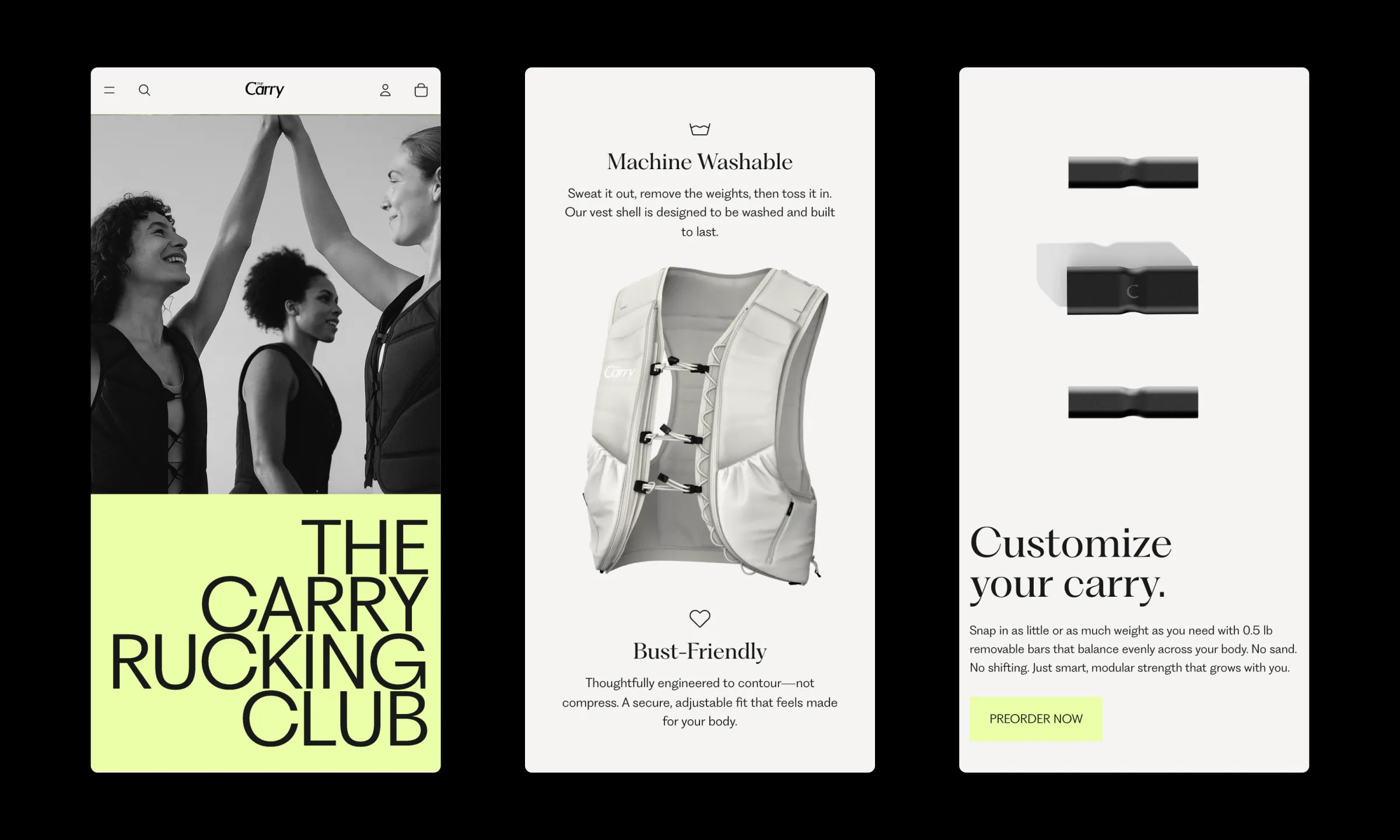 The Carry mobile Shopify website screens