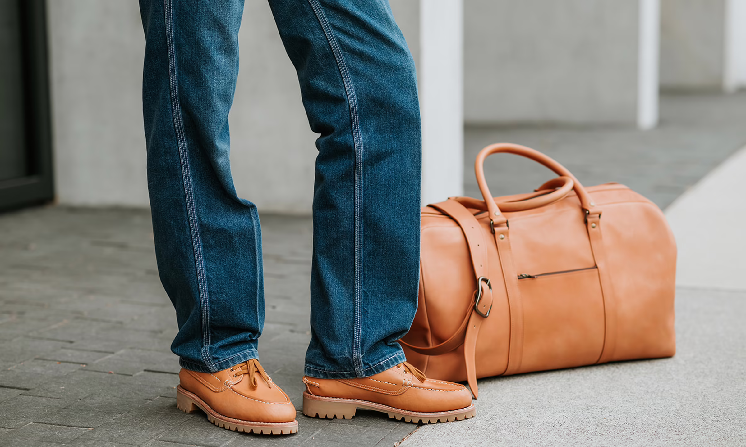 Person wearing blue jeans and tan leather shoes standing next to a large tan leather duffel bag on a tiled floor.