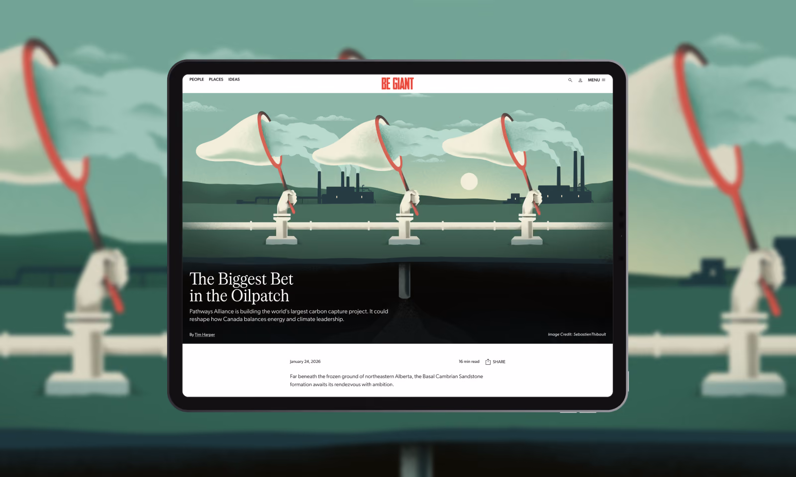 Tablet screen showing an article titled 'The Biggest Bet in the Oilpatch' with an illustration of three industrial figures holding large nets capturing smoke from factory chimneys against a green landscape and cloudy sky.