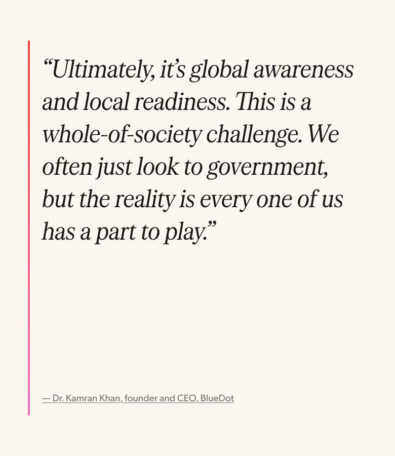 Quote saying, 'Ultimately, it’s global awareness and local readiness. This is a whole-of-society challenge. We often just look to government, but the reality is every one of us has a part to play.' attributed to Dr. Kamran Khan, founder and CEO of BlueDot.