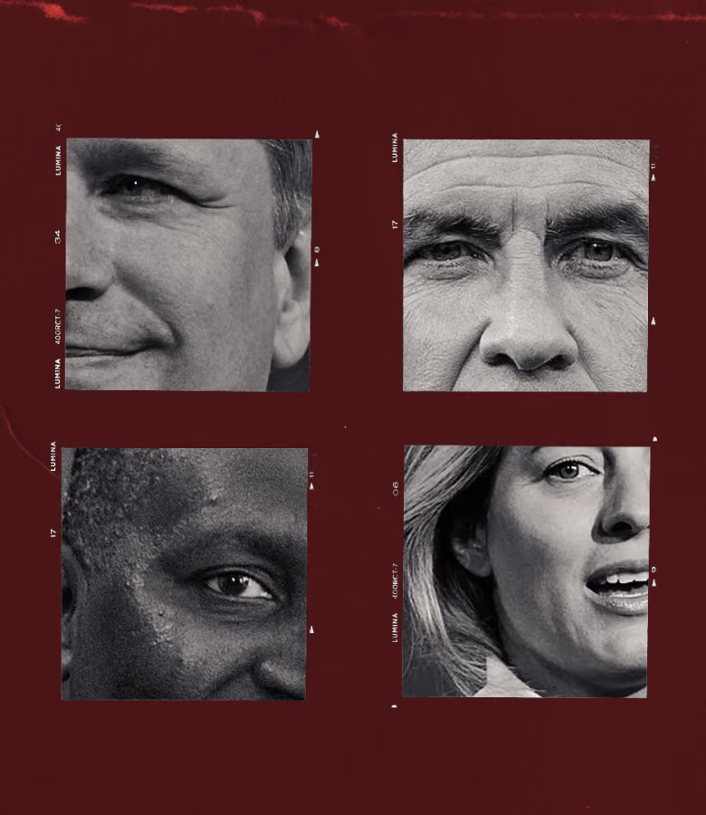 Collage of four black-and-white close-up portraits showing diverse faces with varied expressions on a dark red background.