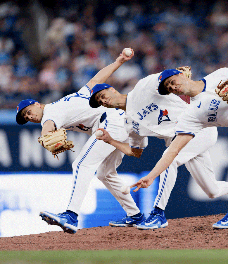 Composite image of a baseball pitcher in a Toronto Blue Jays uniform throwing a pitch, shown in three sequential motions from windup to release on a pitcher's mound during a game.