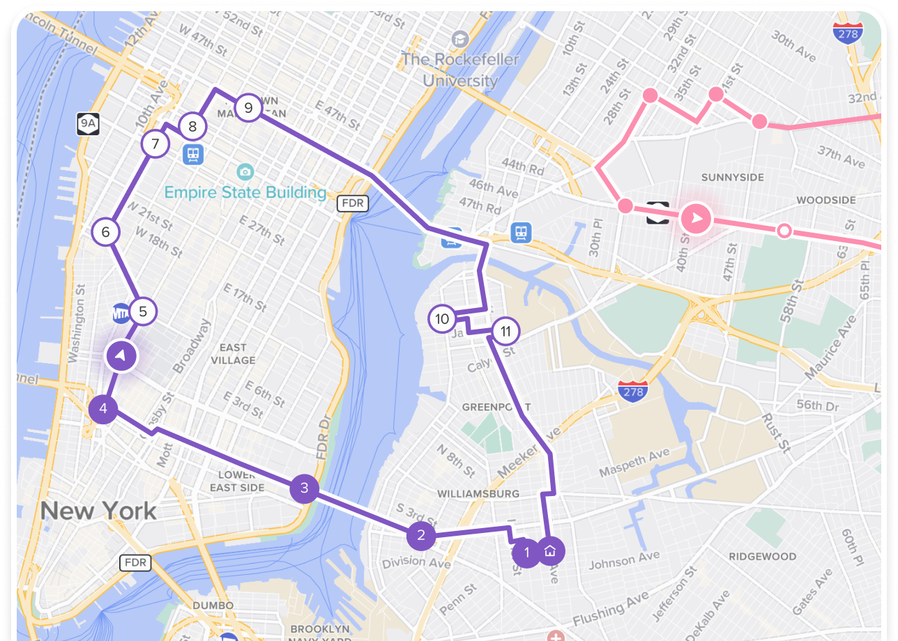 Visualizing optimized route maps on a google map with live tracking of delivery drivers.