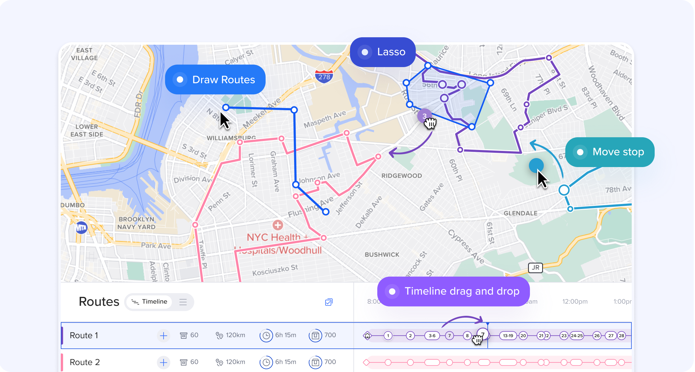 Image of Routific with powerful editing tools: drag and drop on the timeline, lasso and move stops on the map, or re-draw the flow of your route.