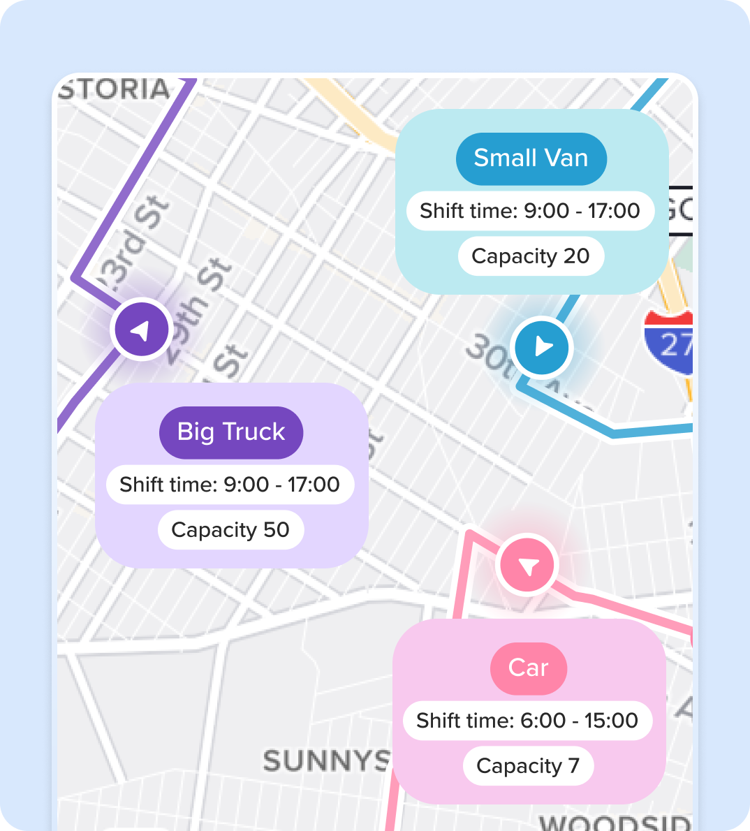 Routific accounts for vehicle capacities, driver shifts, and other real-world constraints.