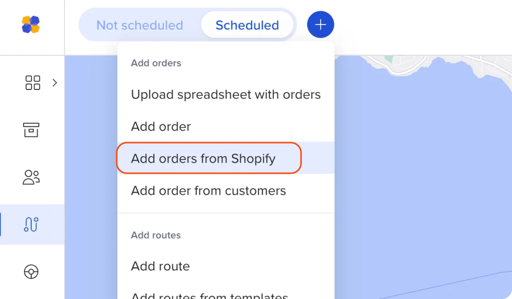 A screenshot from Routific, showing an "Add orders from Shopify" menu option.