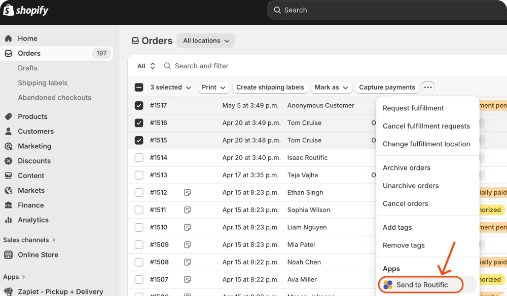 A screenshot from Shopify, showing a "Send to Routific" menu option. 