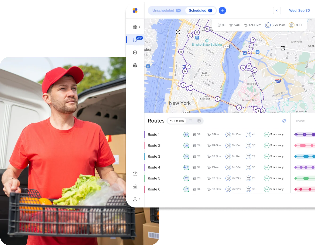 Composite image: On the right, a delivery driver carries a crate filled with fresh food from his van. On the left, a Routific screenshot showing multiple routes planned in New York City.