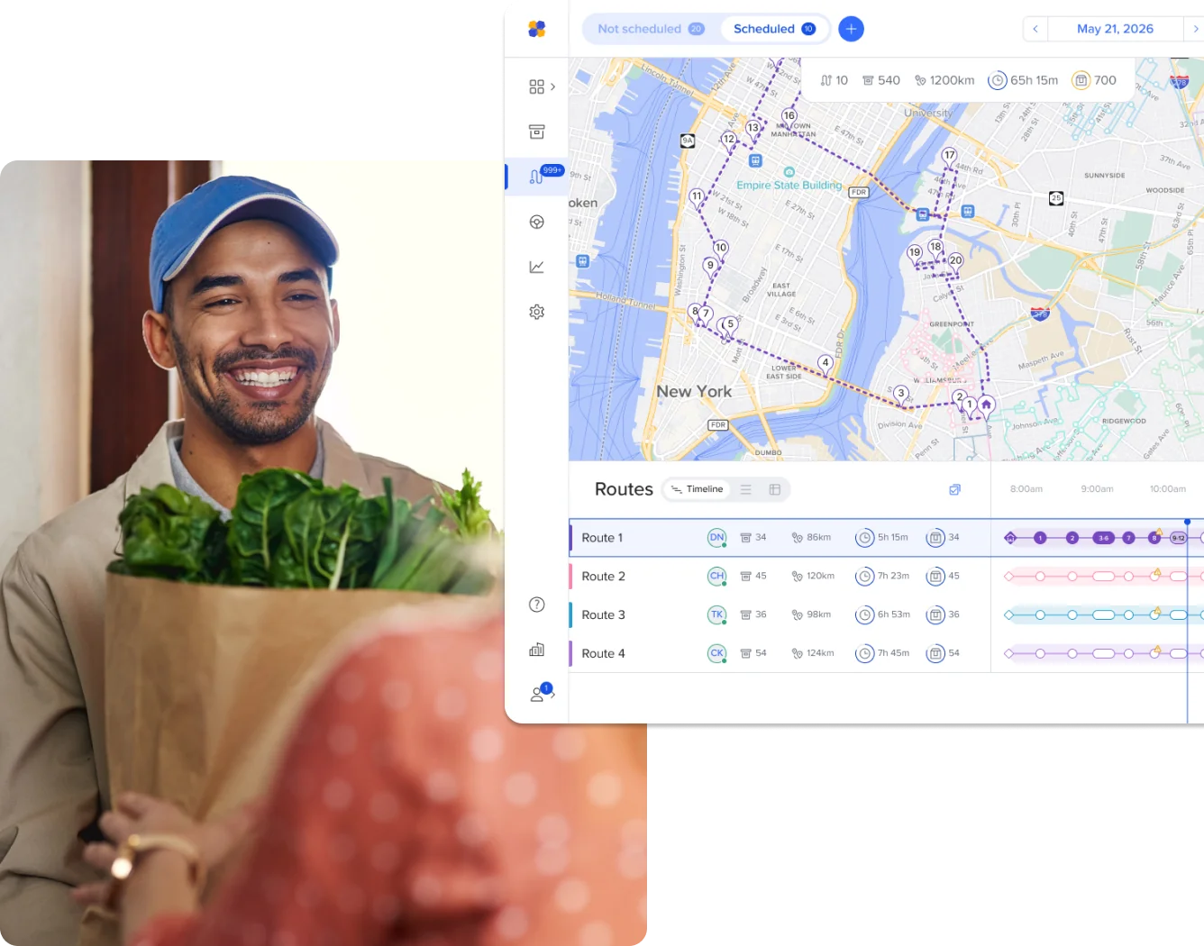 Composite image: On the right, a smiling delivery driver hands a bag of groceries to a customer. On the left, a Routific screenshot showing multiple routes planned in New York City.
