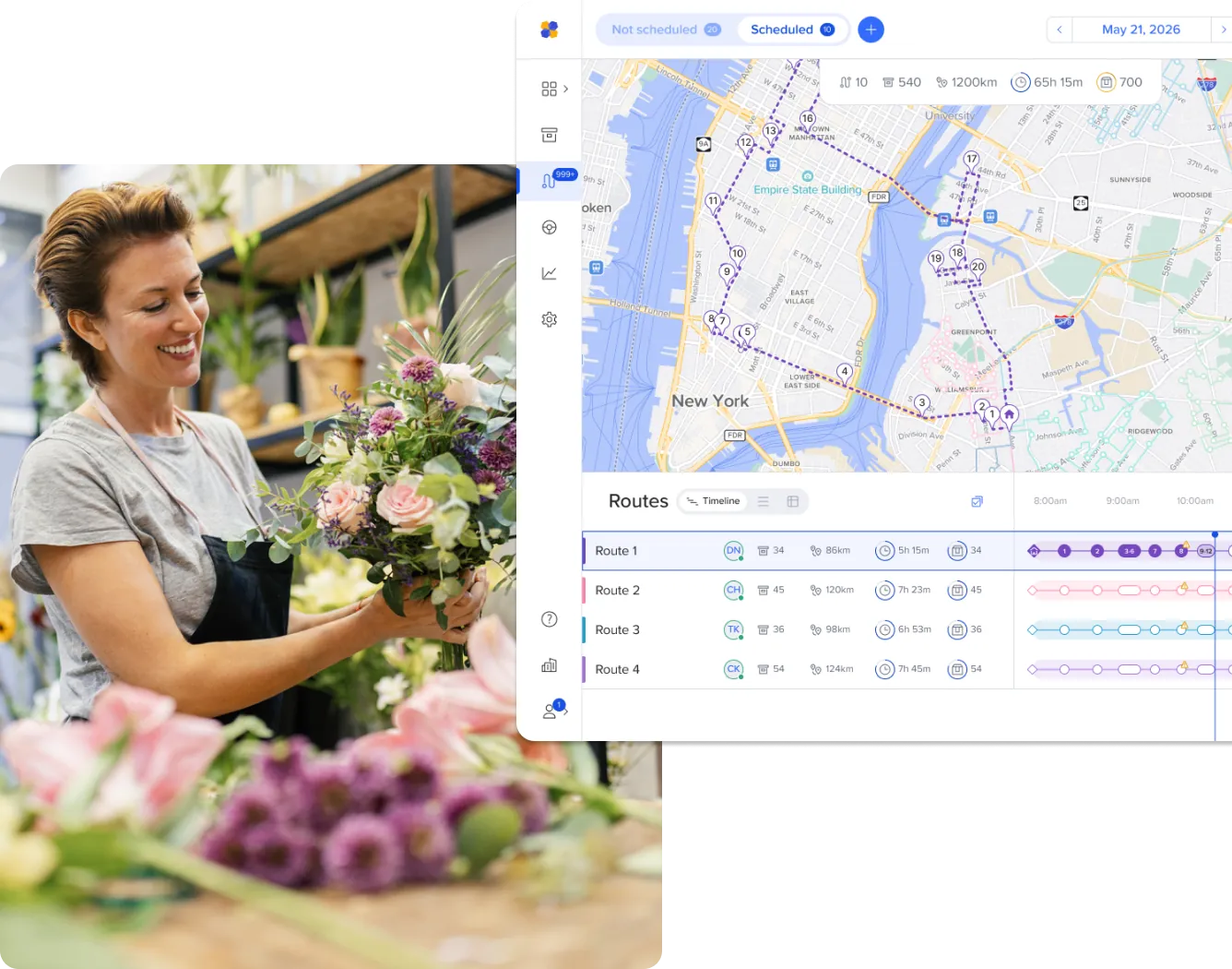 A florist prepares a bouquet of flowers ready for delivery using Routific route planning and delivery management software.