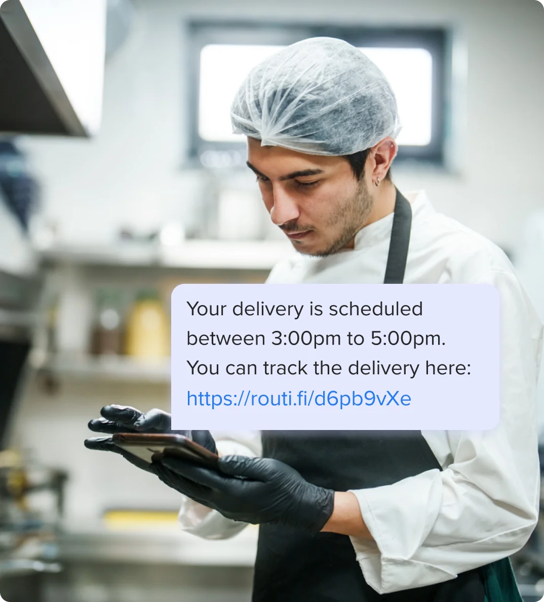 A chef tracking the real-time status of his produce delivery using Routific's notifications and live tracking link.