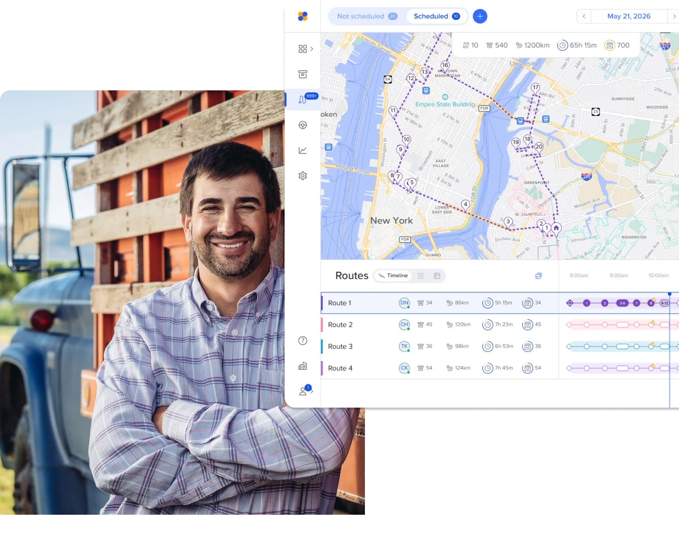 Composite image: on the right, a smiling young farmer stands beside his truck, with fields in the background. On the left, a Routific screenshot showing optimized farm delivery routes planned across a region.