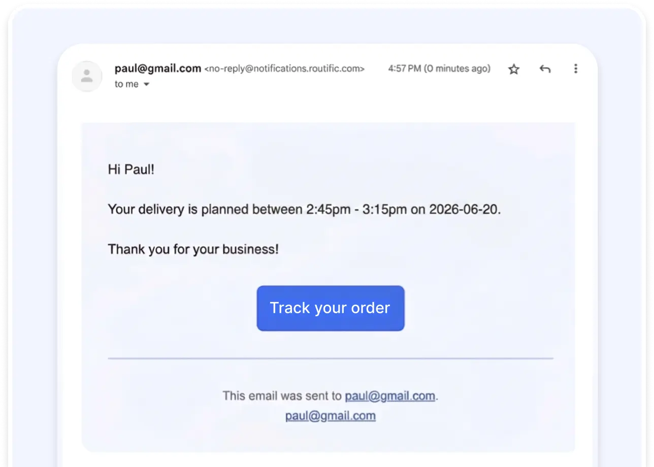 Screenshot of a customer delivery notification sent using Routific. It’s an email reading: “Hi Paul! Your delivery is planned between 2:45pm -3:15pm on 2026-06-20. Thank you for your business!” Below is a blue link button with the words “Track your order”.