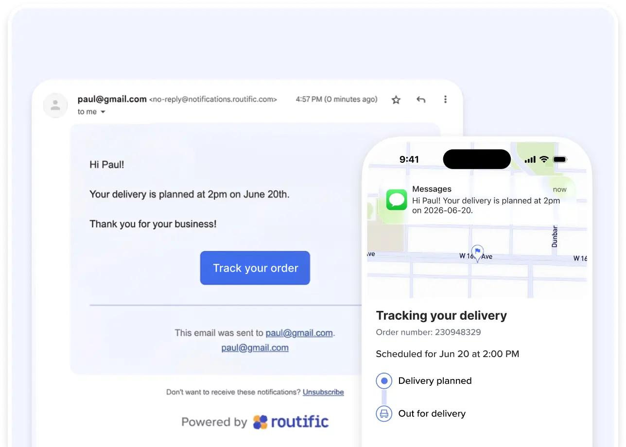 Examples of delivery notifications sent using Routific: An email with a tracking link, a text message, and a delivery tracker showing a map with the customer’s location, order number, and when the delivery is scheduled.