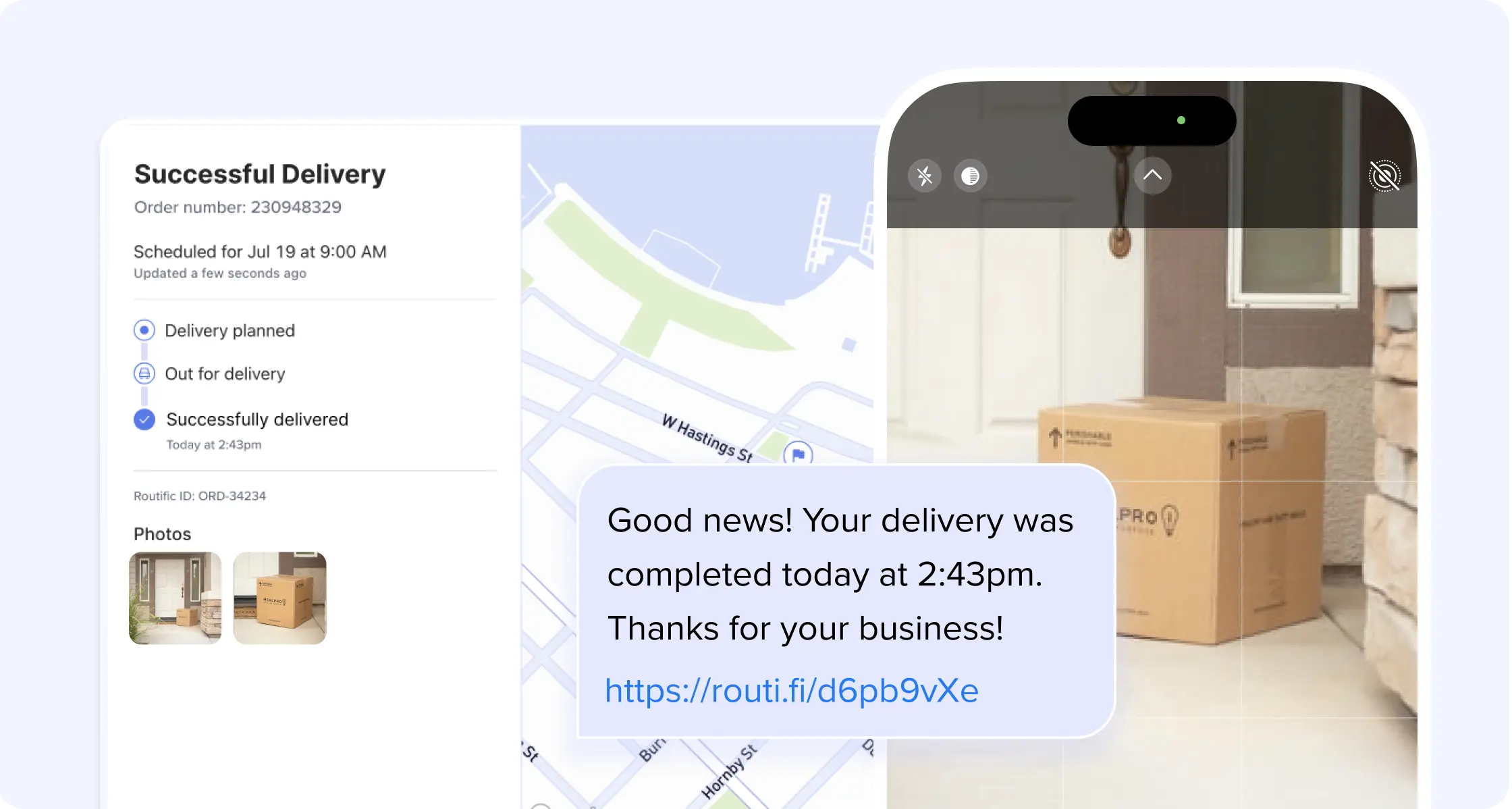 A composite illustration showing three aspects of Routific's delivery notifications system: A delivery tracker showing a map pin and a "Successful delivery" message with details; a text message saying when the delivery was completed, with a link to the tracker; and a mockup of a cellphone camera screen showing how a driver can take a proof of delivery photograph.