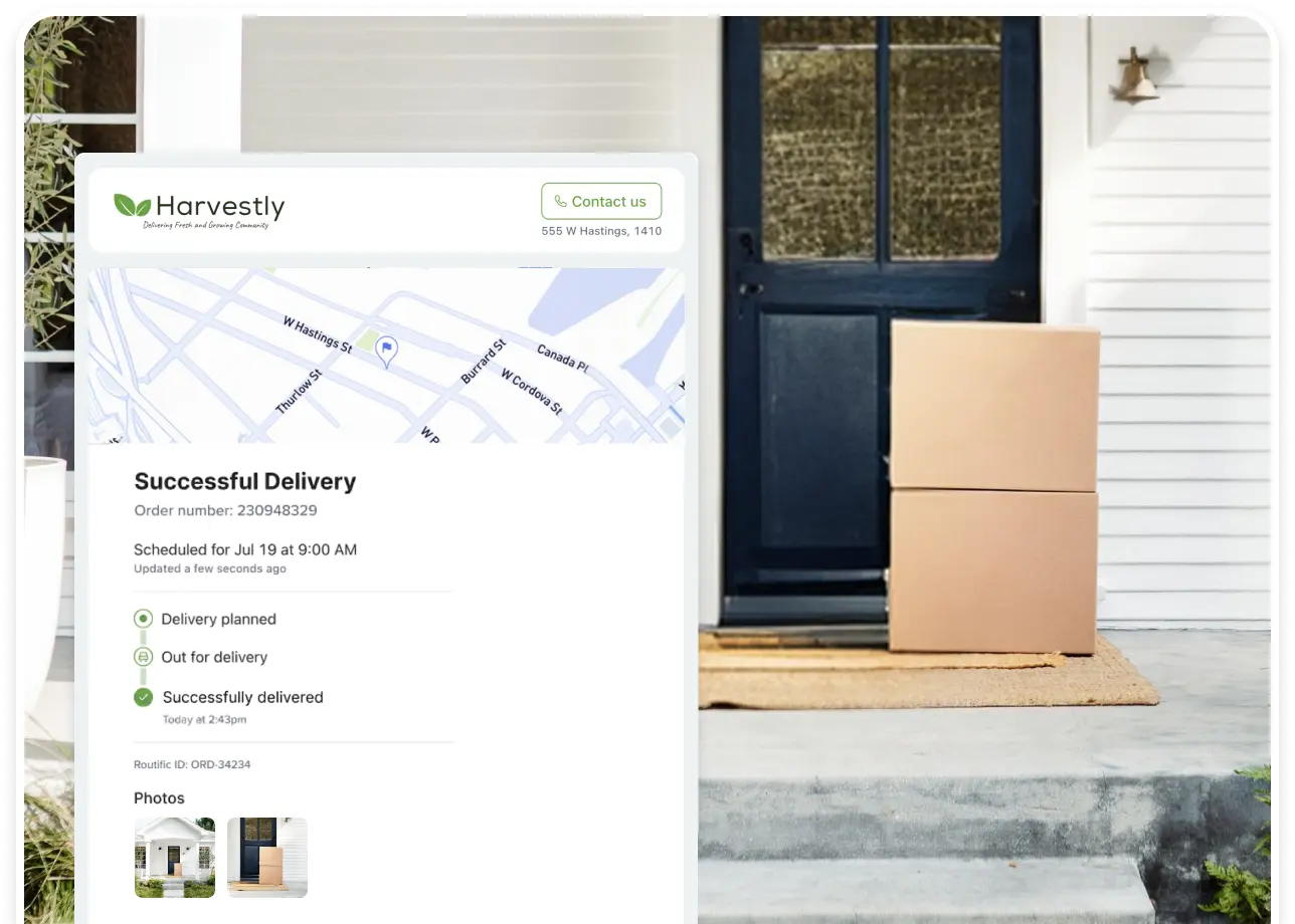 Screenshot of Routific’s delivery tracker showing two POD photos on the “Successful delivery” screen.