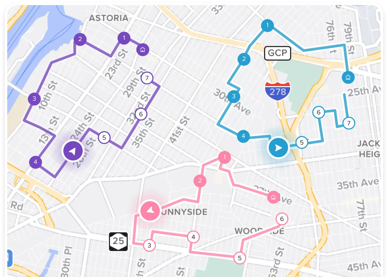 A map showing three delivery routes being tracked in Routific, with the current location of the driver’s vehicle highlighted as an arrow in each one.