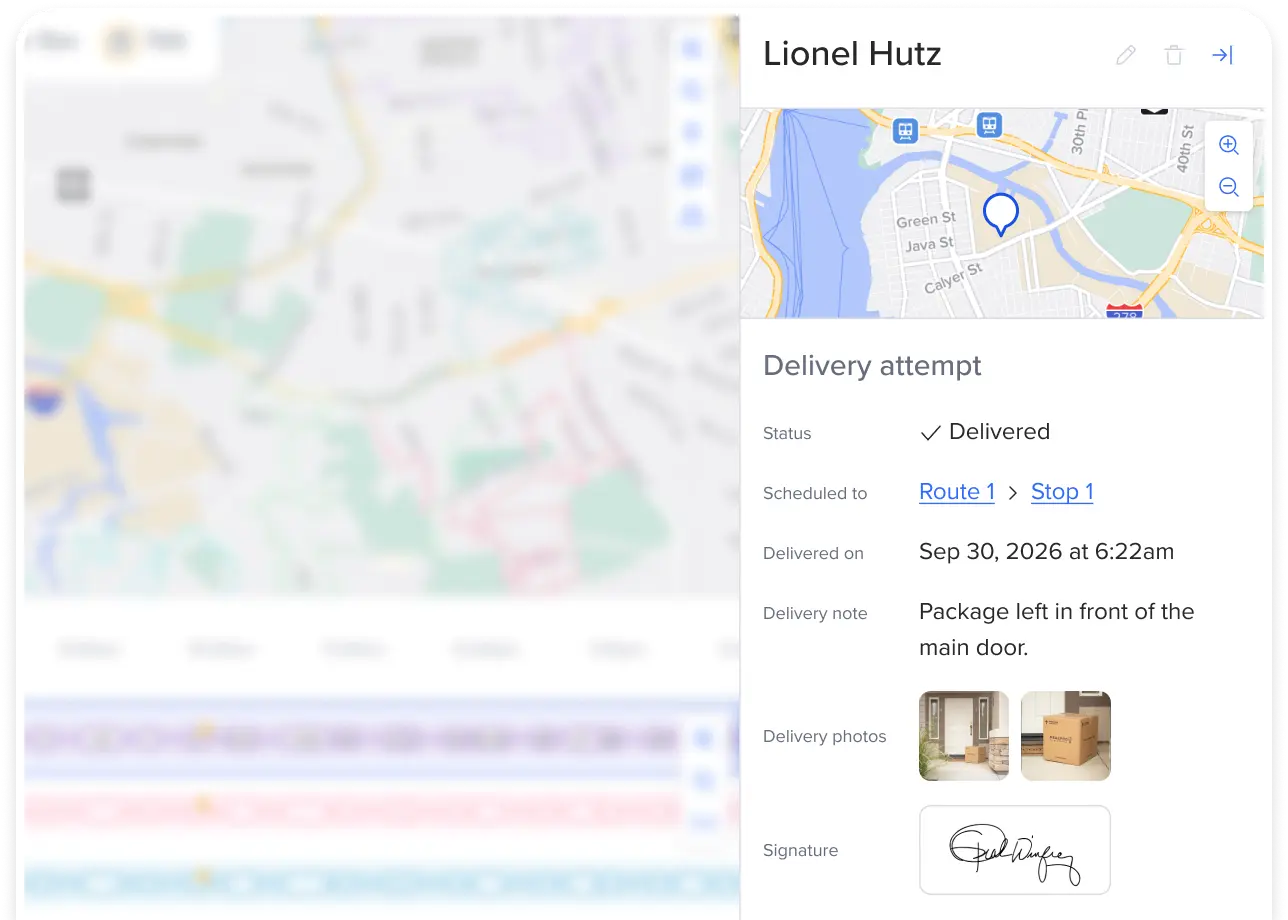 Detail from Routific’s delivery management dashboard showing how a completed order shows up in the dispatcher view: The customer’s name, a map showing their location, a check mark confirming successful delivery, a note from the driver, two POD photographs and a customer signature.