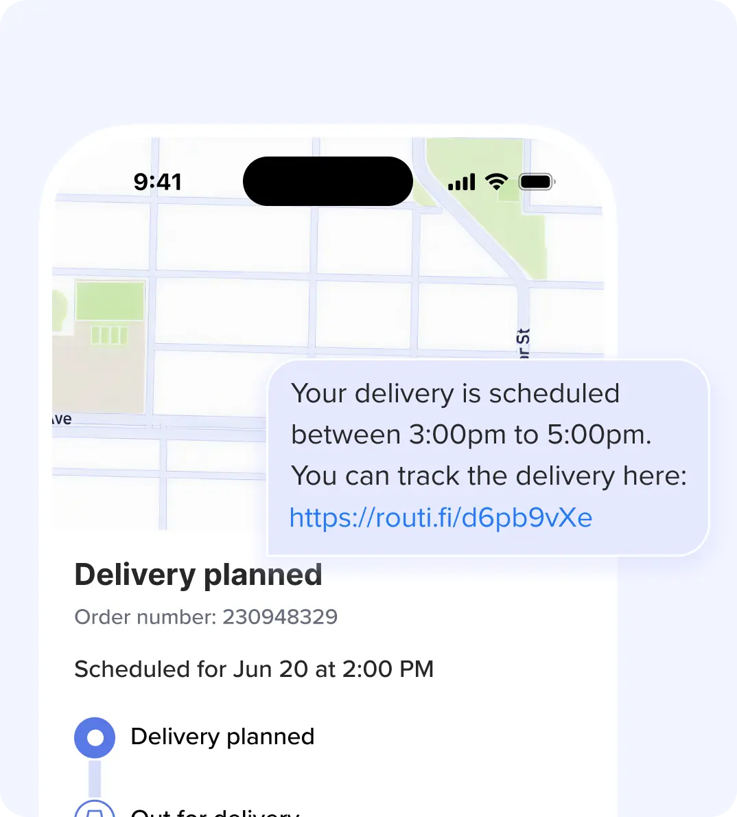 Sample text from Routific’s customer notification system with the words “Your delivery is scheduled between 3:00pm to 5:00pm. You can track the delivery here” followed by a link URL. In the background is a phone screenshot showing the customer’s view of the delivery tracking link: A map with their address pin and the heading “Delivery planned”.