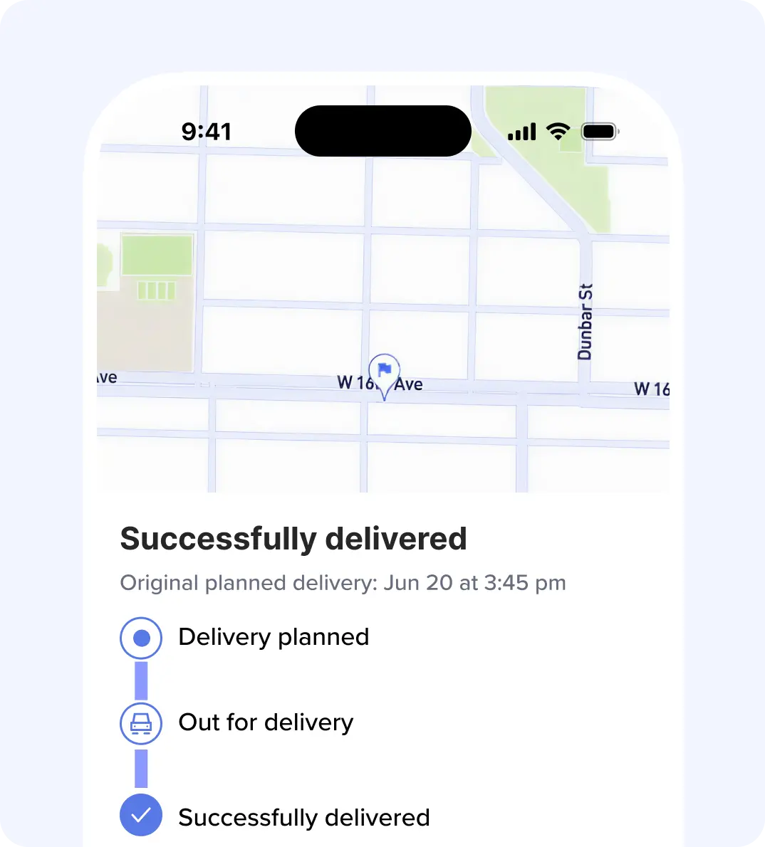 Screenshot of Routific’s delivery tracker showing a map with the customer’s location pin, the heading “Successfully delivered”, and a progress note confirming successful delivery.