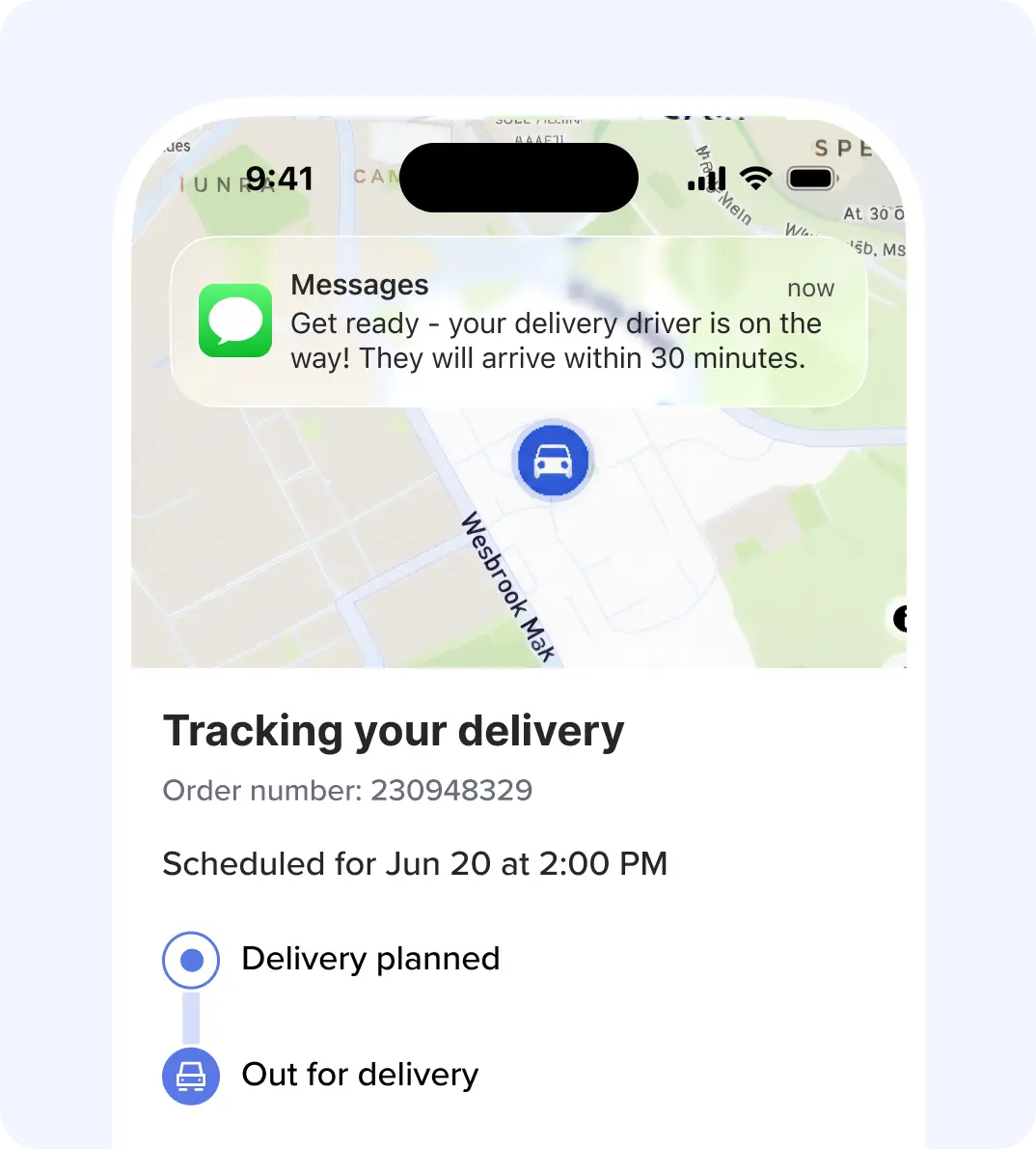 Phone screenshot showing Routific’s delivery tracker: A map showing the position of the driver’s vehicle, the heading “Tracking your delivery”, and a progress note saying “Out for delivery”.