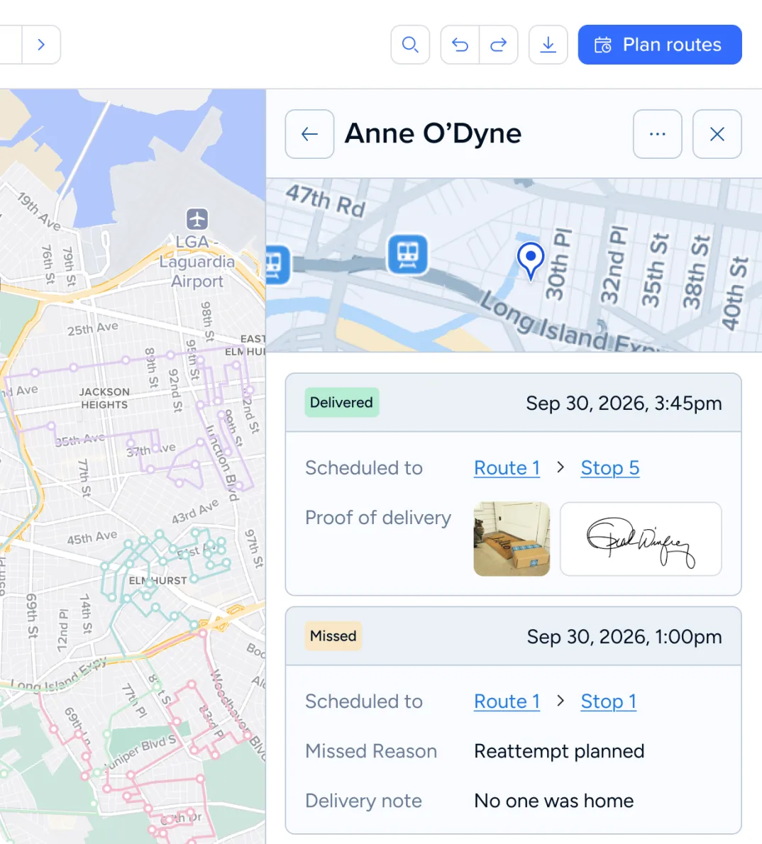 Routific screenshot showing delivery details including customer name, the exact time the delivery was completed, and photo and signature proof of delivery.